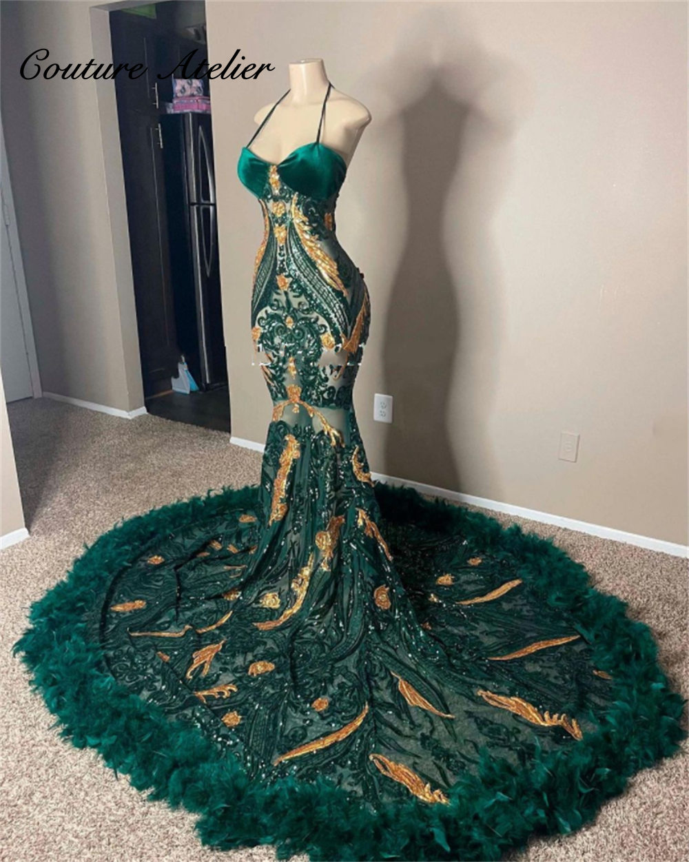 Dark Green And Gold Sequined Lace Halter Prom Dresses For Party Wedding  Evening Black Girl Feathers Formal Dress Cocktail Gown