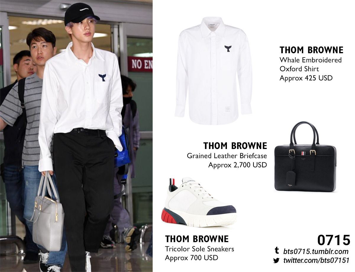 190708 | Jin : Thom Browne - Whale Embroidered Oxford Shirt Thom Browne -  Grained Leather Briefcase Thom Browne - Tri… | Bts Clothing, Bts Inspired  Outfits, Fashion