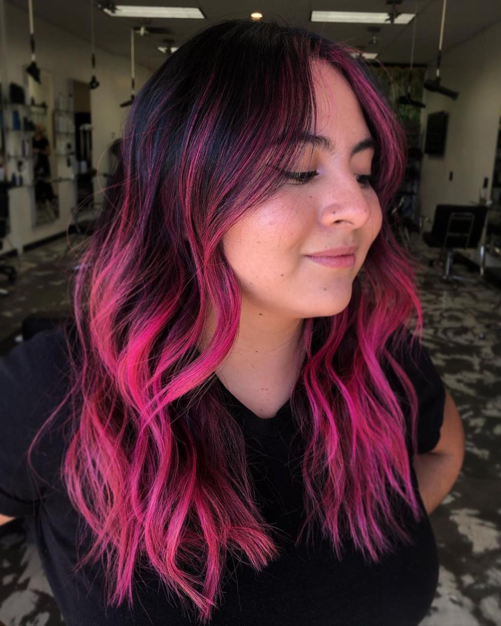 40 Inspiring Ways To Get Black Hair With Highlights | Pink Hair Highlights,  Hair Color For Black Hair, Pink Hair Dye