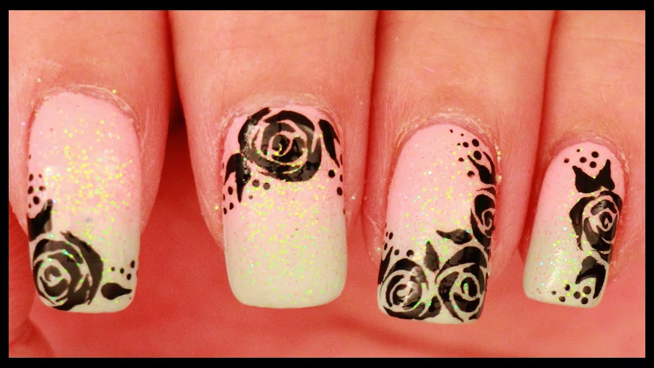 Black Roses On Pastel Ombre Nail Art - Youtube